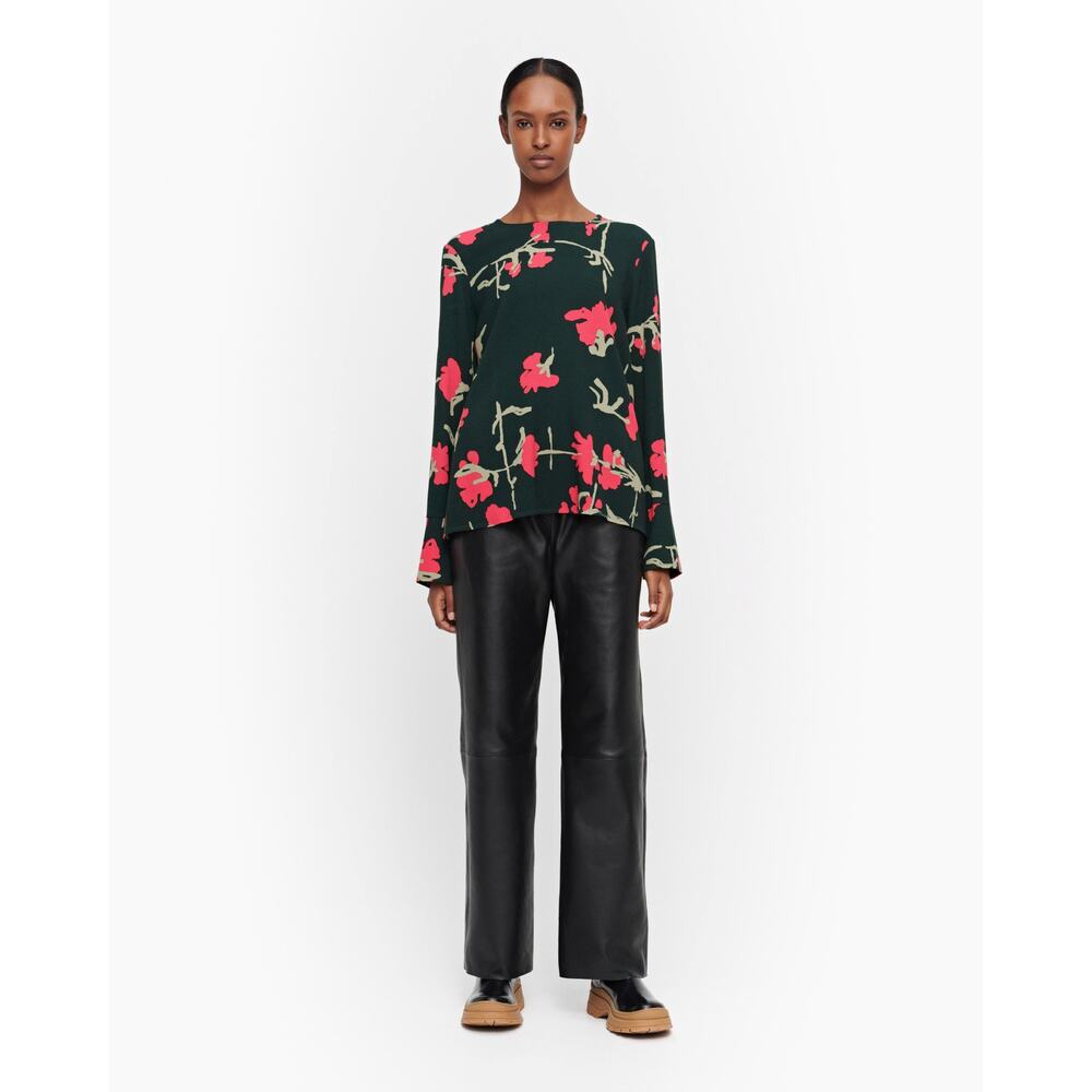 Marimekko Ahkio Ristikukka Shirt Green Floral Print Long Sleeve Blouse Medium